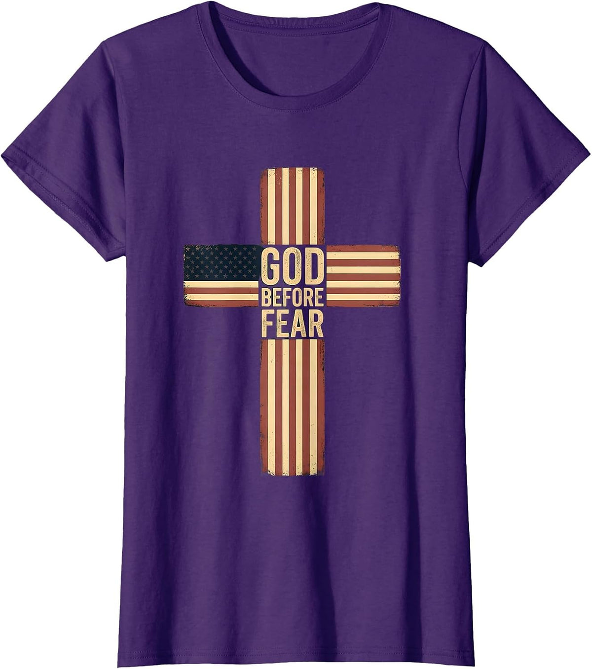 Women's God Before Fear Patriotic Christian Faith Over Fear Cross T-Shirt - Purple