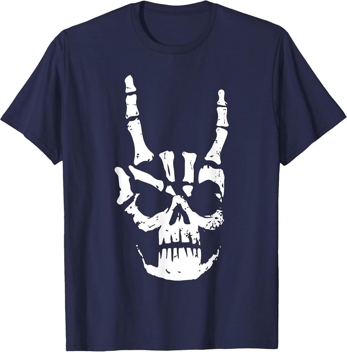Hard Rock Skull Horn Hands Heavy Metal Gothic T-Shirt - Navy Blue