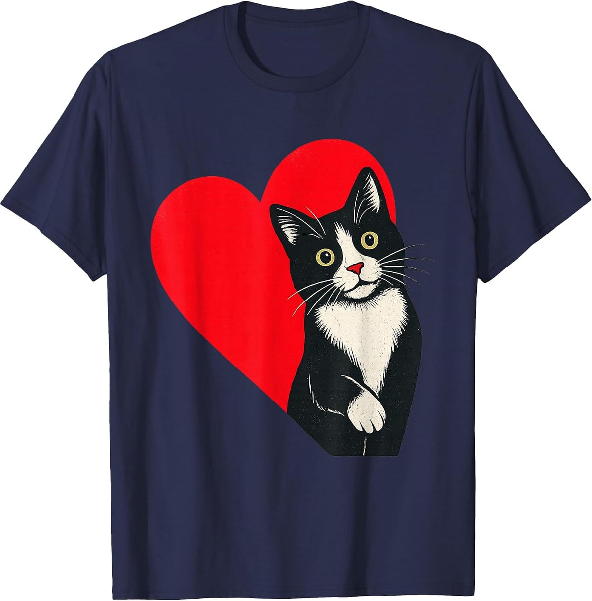 Tuxedo Cat Valentine Heart for Kitten and Animal Lovers T-Shirt - Navy Blue