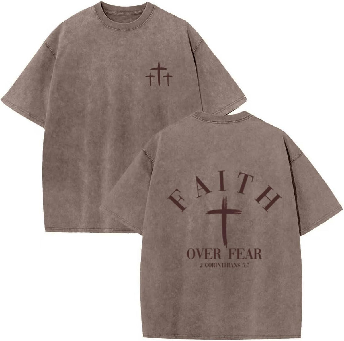 Christian Faith Over Fear Shirt for Men Cross God Oversized T-Shirt Inspirational Jesus Religious Short Sleeve Tops - Brown