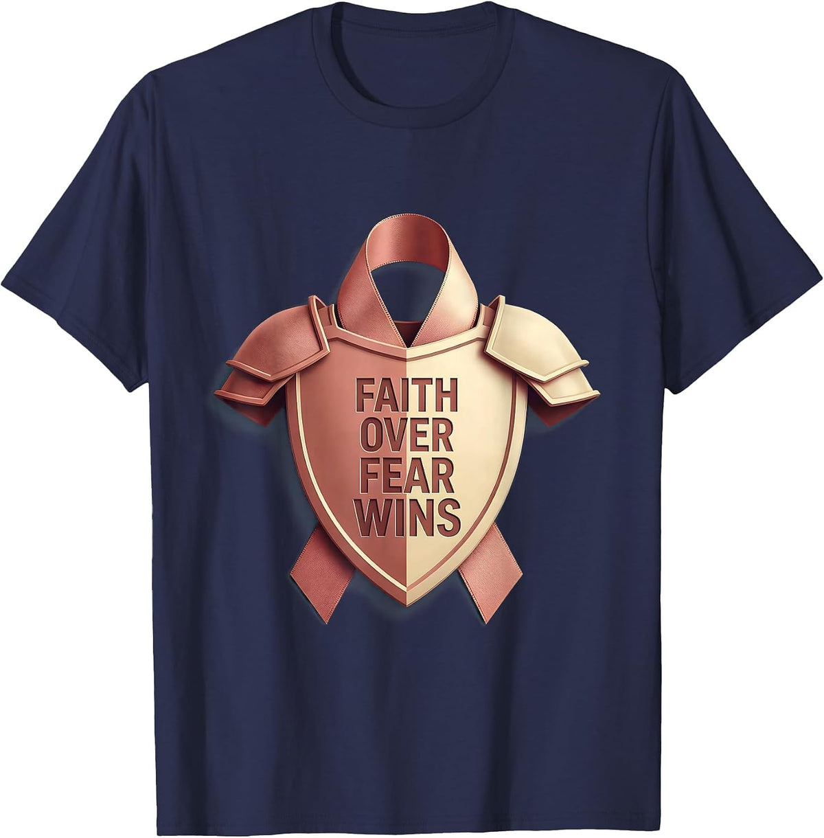 Men's Faith Over Fear Wins Breast Cancer Awareness Design T-Shirt - Navy Blue