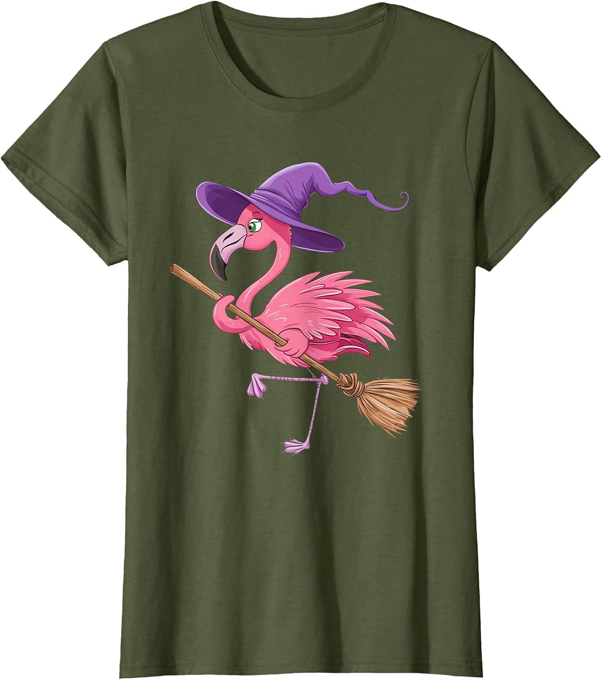 Halloween Flamingo Witch Hats Scary Costumes Men Women Kids T-Shirt - Olive Green