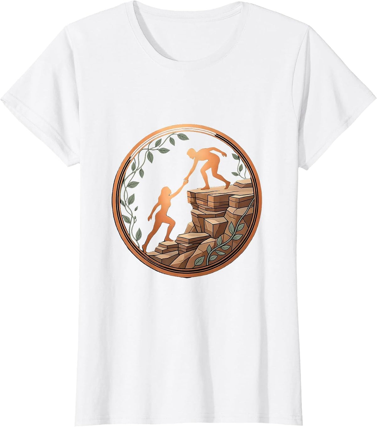 Women's Helping Hand Human Figure Cliff Climbing Graphic T-Shirt - White