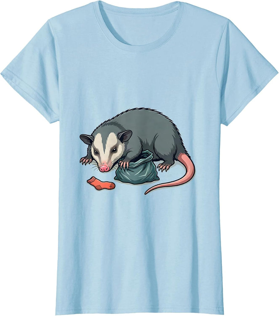 Women's Oversized Opossum Fake Death Trash Bag Deadpan Humor T-Shirt - Baby Blue