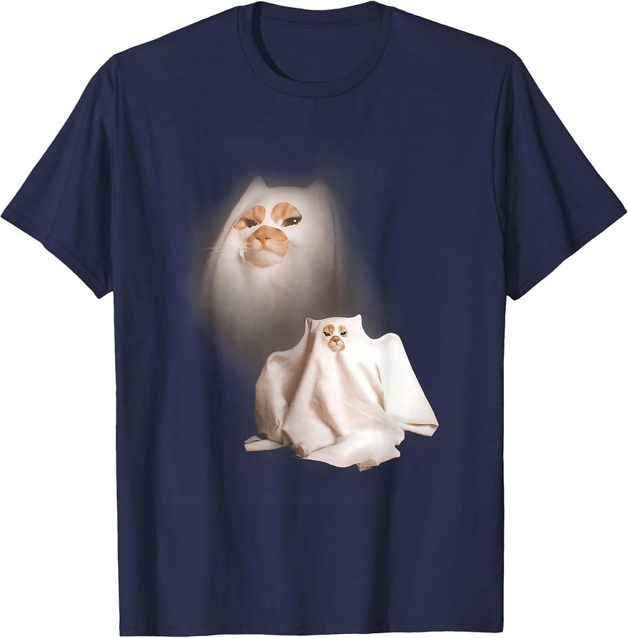 Ghost Kitten Vintage Halloween Cat Funny Meme Cringe Spooky T-Shirt - Navy Blue