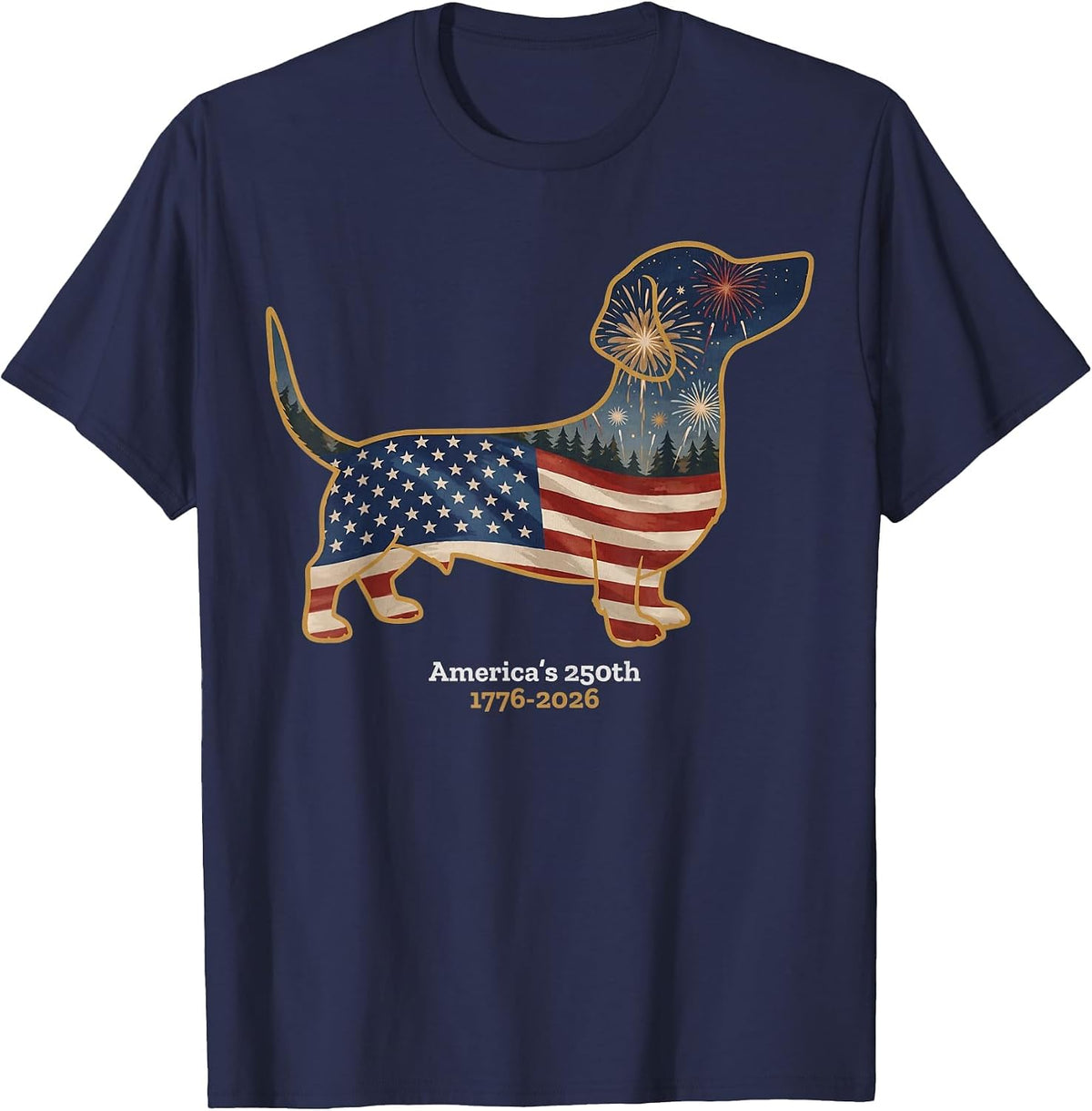 Dachshund America's 250th Patriotic Dog Fireworks T-Shirt - Navy Blue