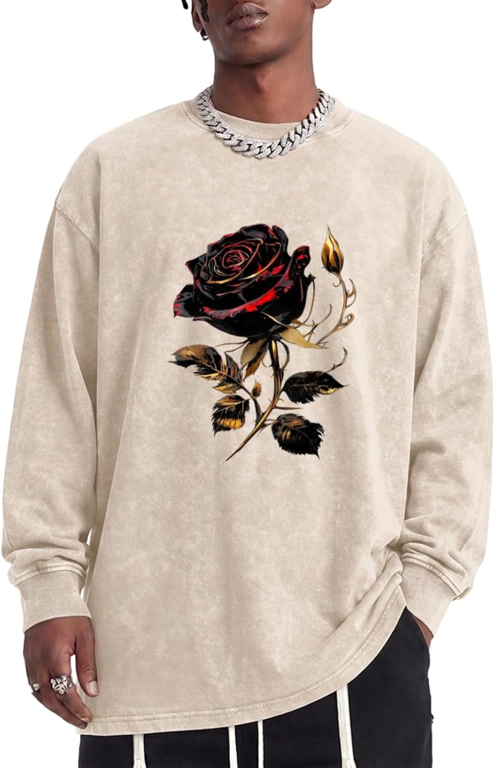 Goth Graphic Long Sleeve Shirts for Men Gothic Rose Shirt Grunge Vintage Streetwear Shirts Acid Wash Tshirts - Apricot