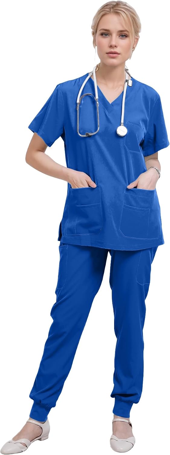 Town Scrubs for Women Scrub Set - Jogger Pant and Comfort Stretch V-Neck Easy Care Uniforms - Royal Blue