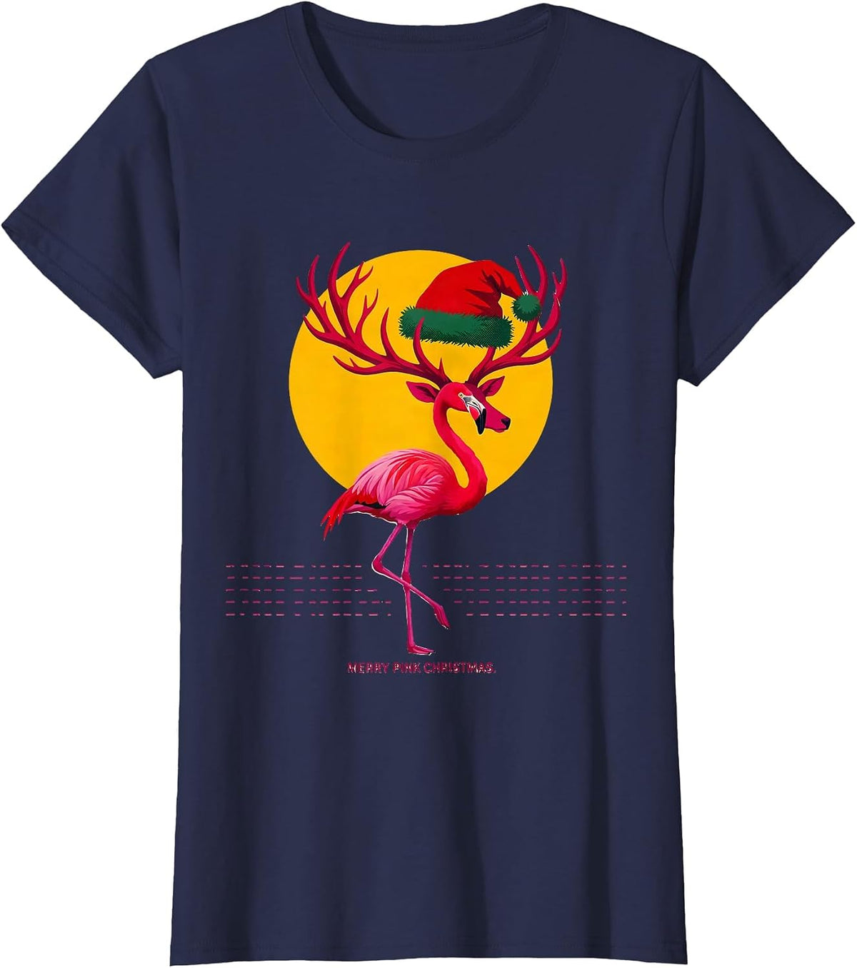 Women's Merry Pink Christmas Flamingo Santa Hat Holiday Humor T-Shirt - Navy Blue