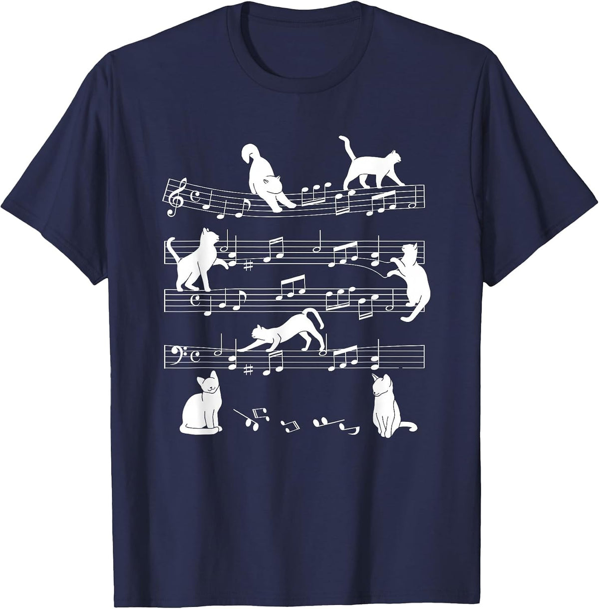 Cute Cat Kitty Playing Music Note Clef Musician Art T-Shirt - Navy Blue