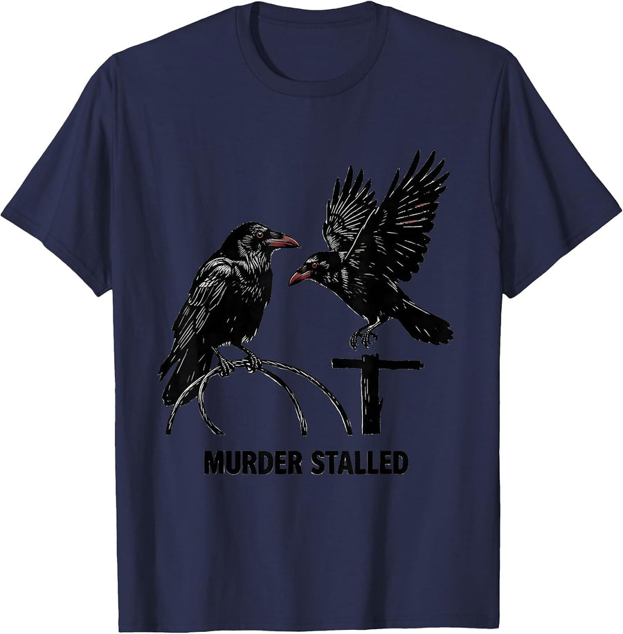Murder Stalled Linocut Dark Humor Crow Lover Birdwatching T-Shirt - Navy Blue