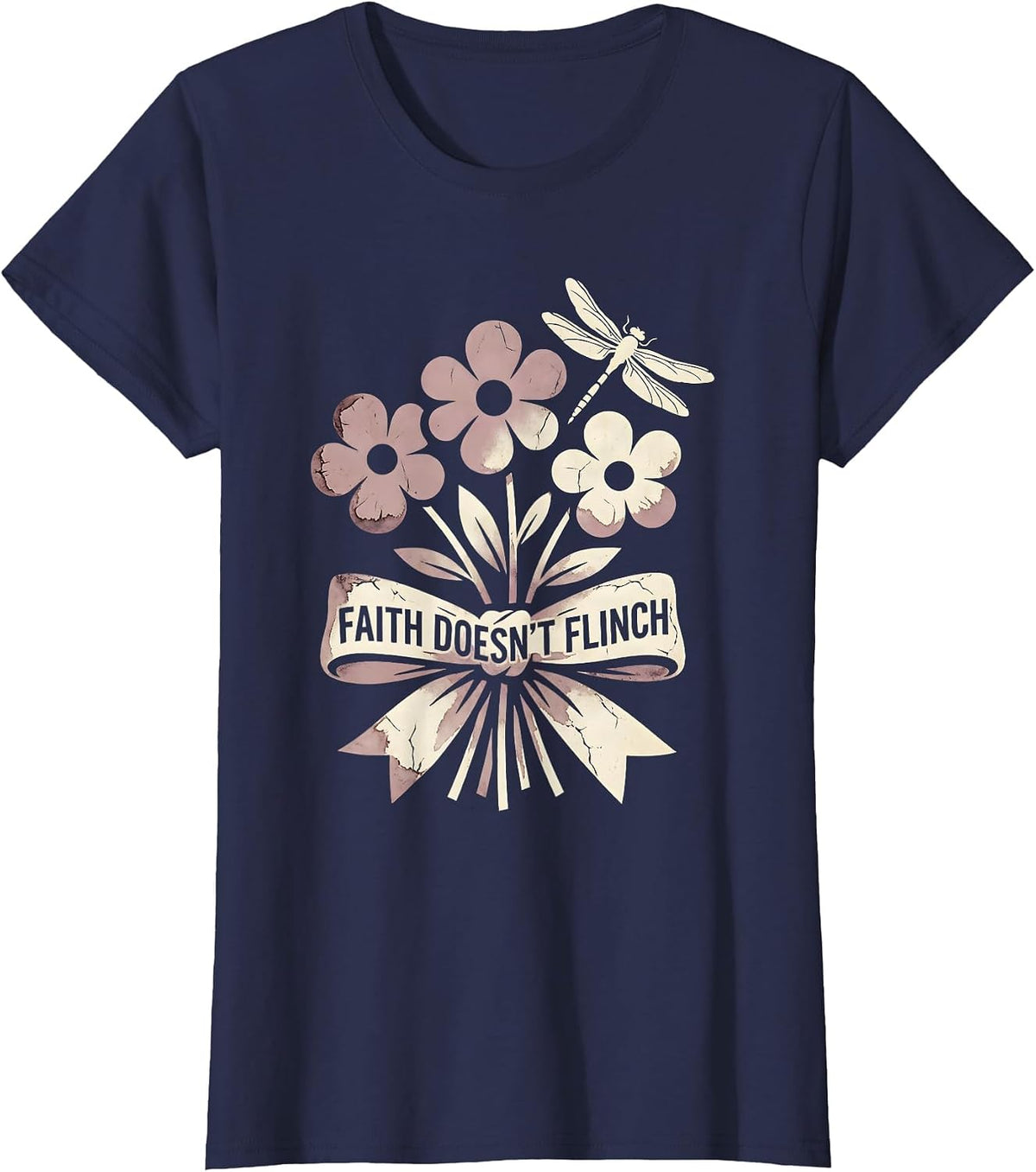 Women's Faith Doesn't Flinch Bold Faith Over Fear Design T-Shirt - Navy Blue