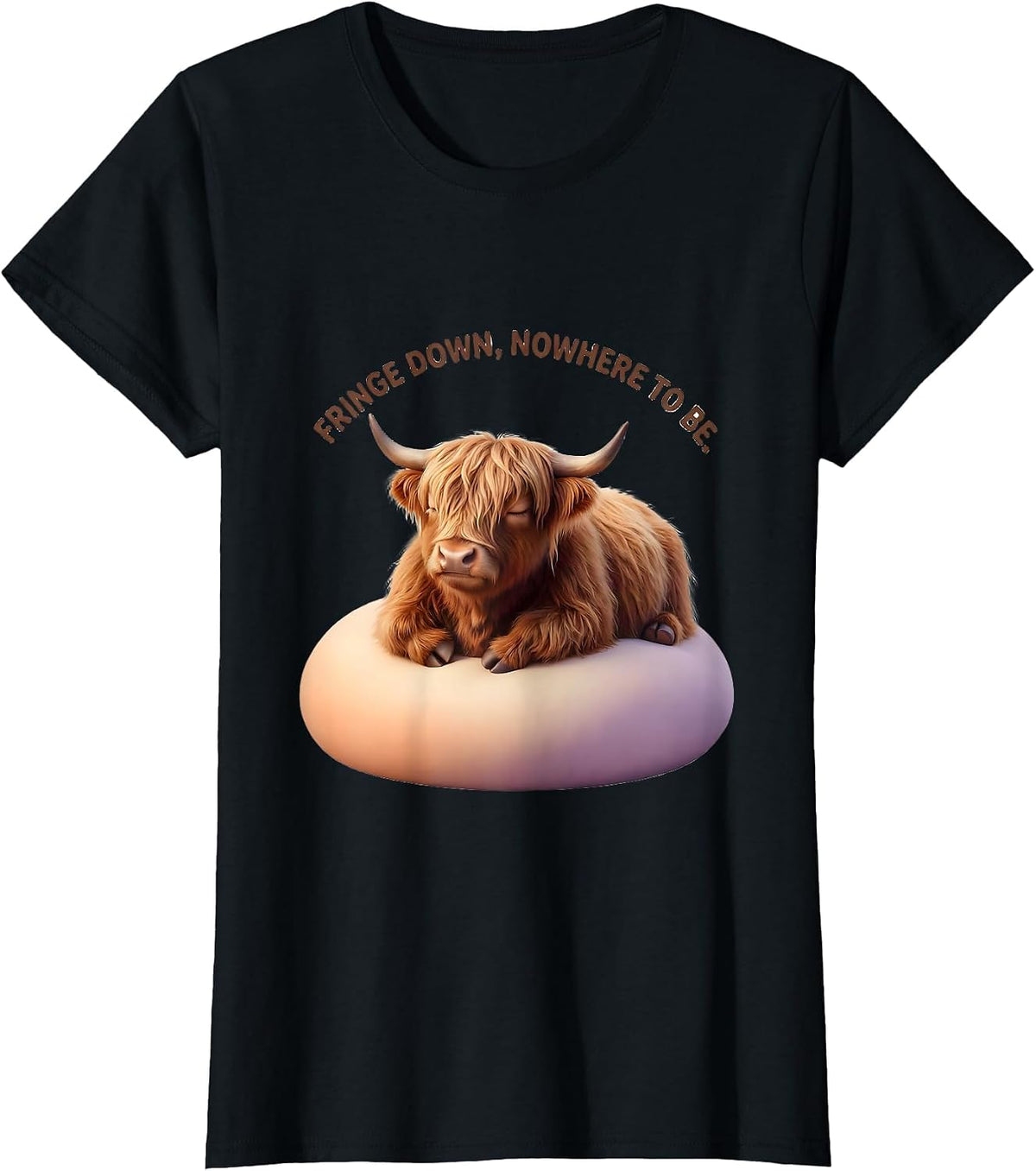 Fringe Down, Nowhere To Be Cute Kawaii Highland Cow T-Shirt - Black