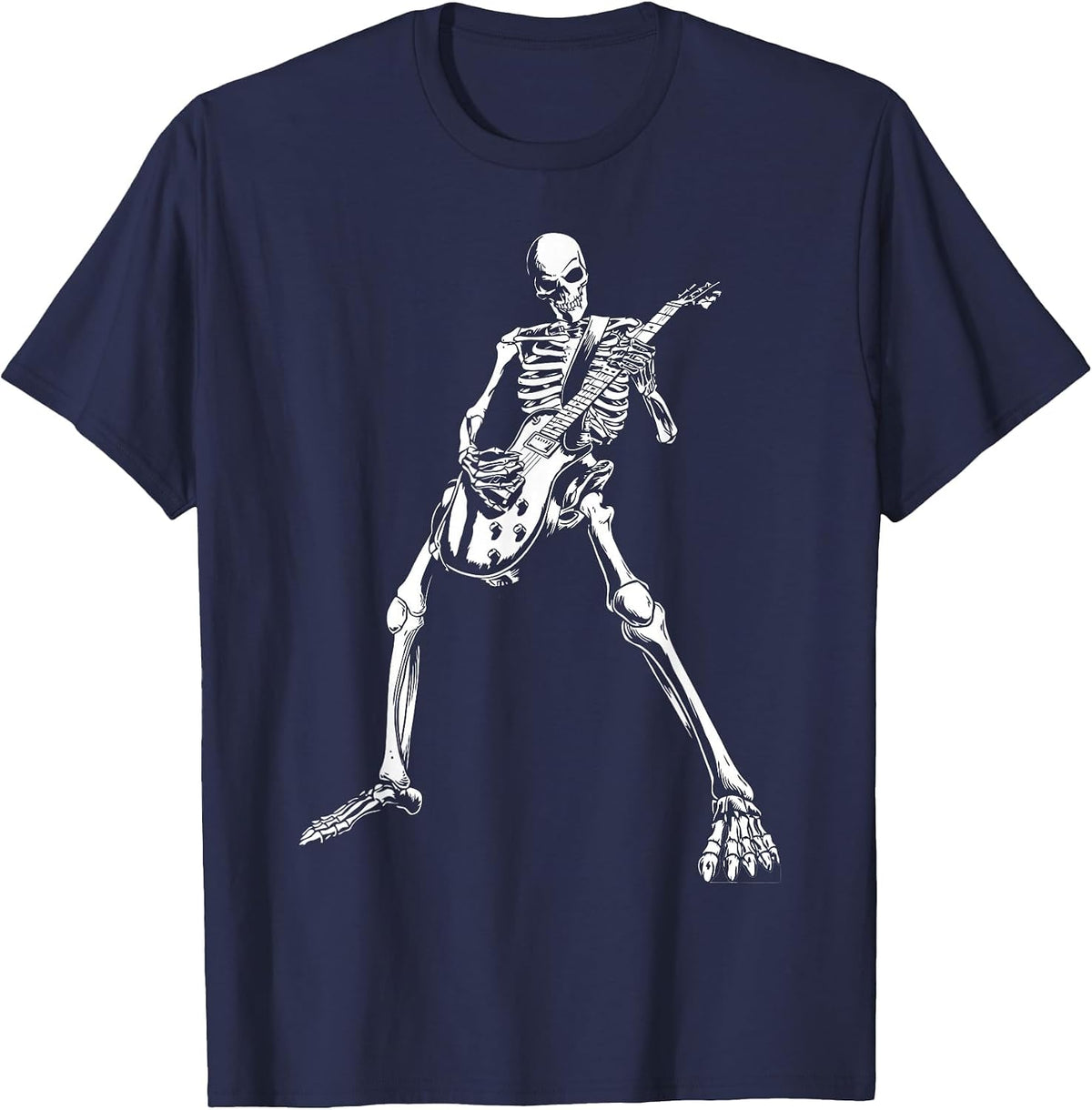 Skeleton Playing Electric Guitar Solo Halloween Rock Music T-Shirt - Navy Blue