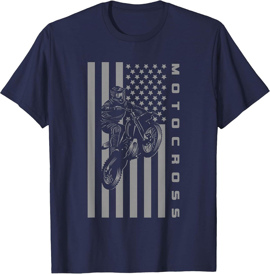 American Flag Dirt Bike Motocross Apparel - Motocross T-Shirt - Navy Blue