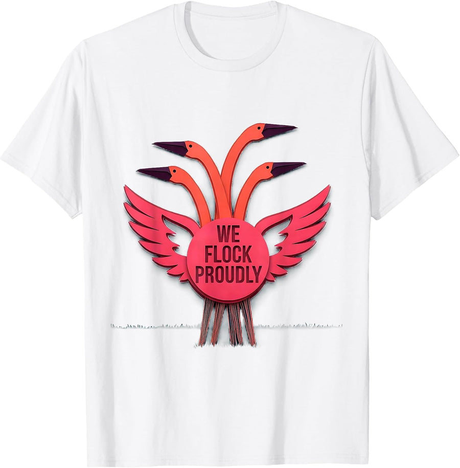 Men's We Flock Proudly Paper-Cutout Flamingo Humor Family Matching T-Shirt - White