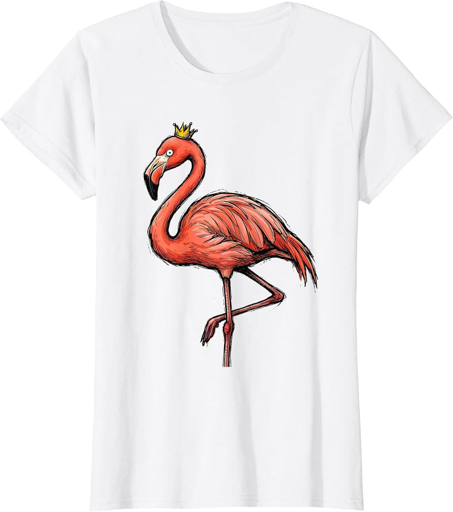 Women's Flamingo Balancing Crown Humor Novelty Gift T-Shirt - White