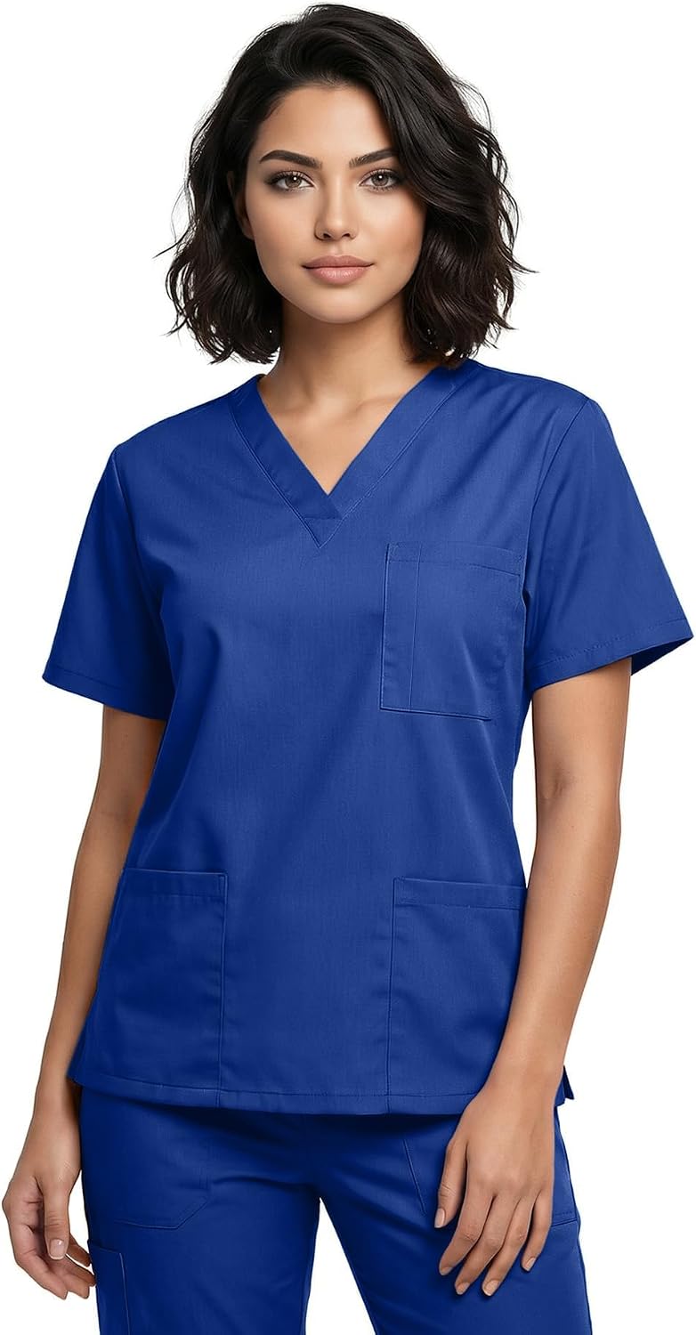 Natural Uniforms Unisex 3-Pocket Scrub Top, V-Neck Medical Nursing Shirt - True Navy Blue