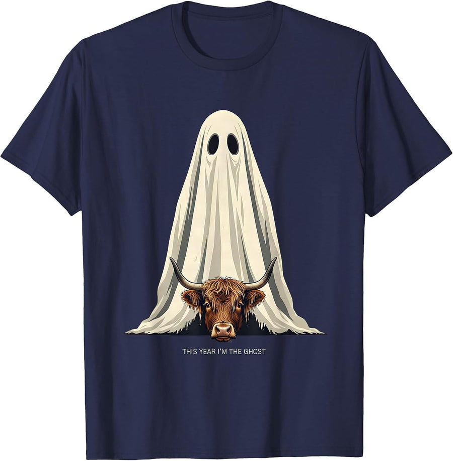 This Year I'm The Ghost Funny Highland Cow Halloween Humor T-Shirt - Navy Blue