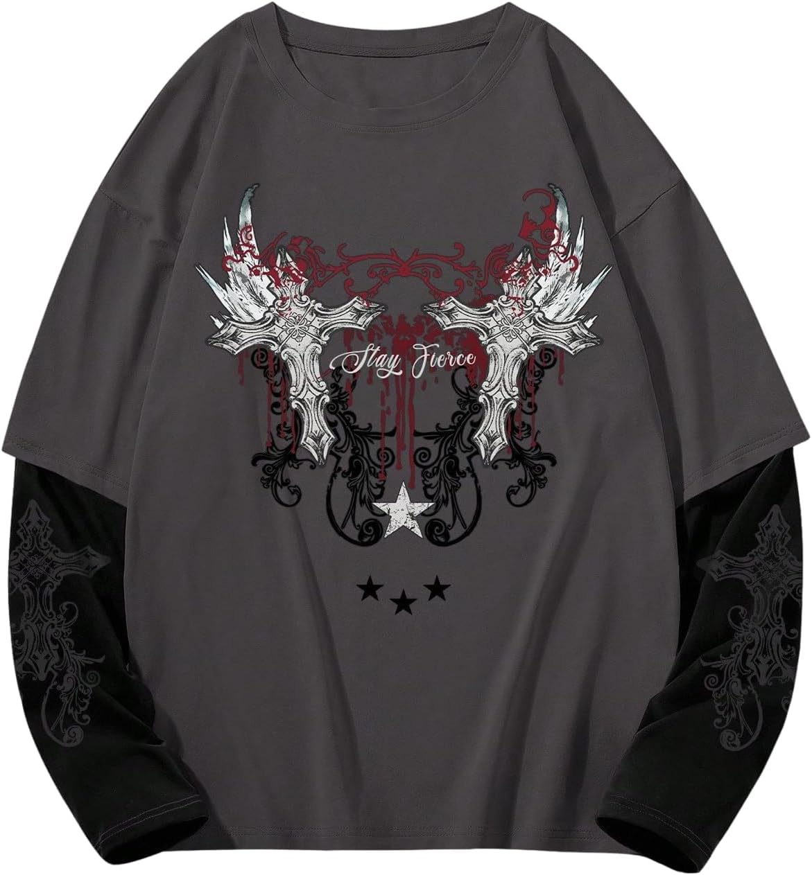 GORGLITTER Men's Y2k Goth Shirt Graphic Oversized Long Sleeve Streetwear - Grey