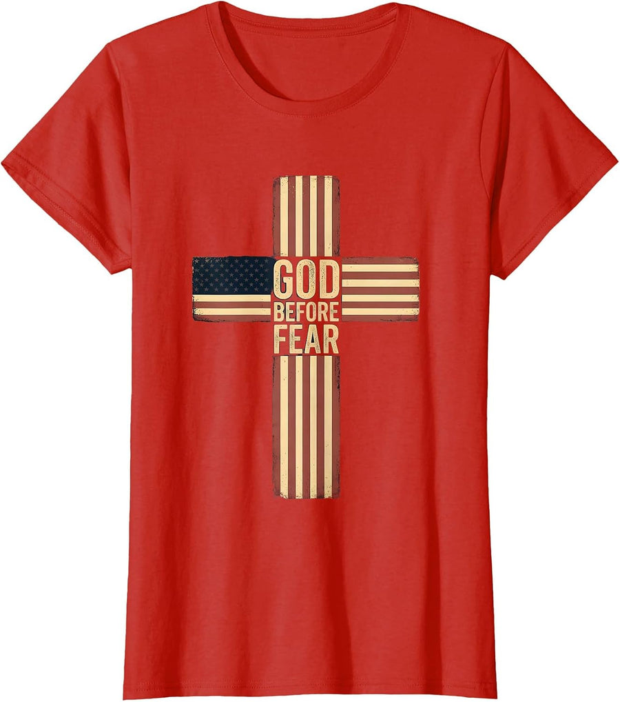 Women's God Before Fear Patriotic Christian Faith Over Fear Cross T-Shirt - Red