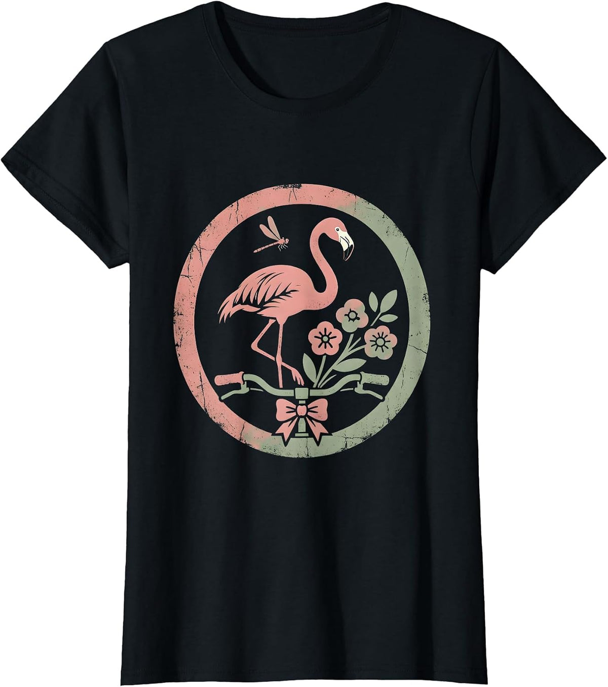 Flamingo on Vintage Bicycle Graphic Tee T-Shirt - Black