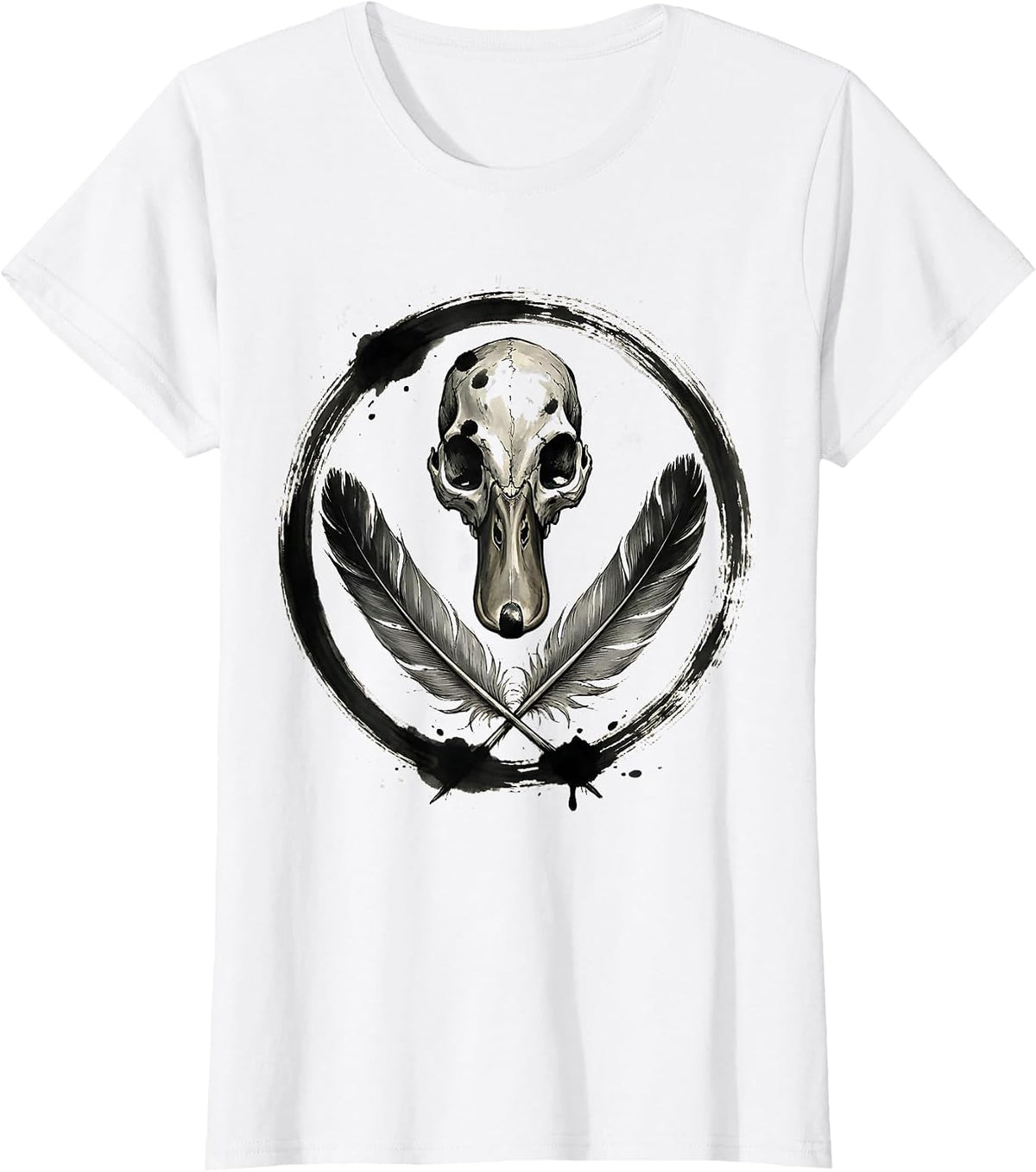 Women's Duck Skull Crossed Feathers Gothic Nature Design T-Shirt - White