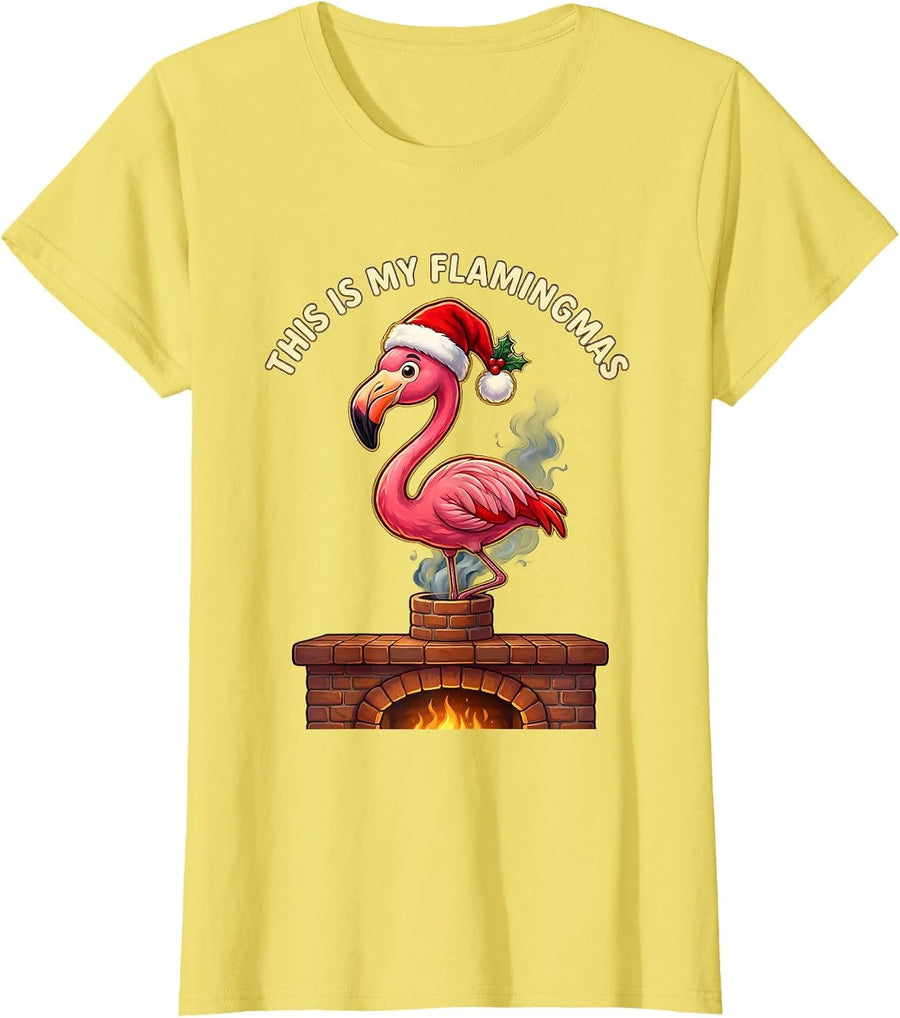 This Is My Flamingmas Pink Flamingo Santa Hat Christmas T-Shirt - Lemon Yellow