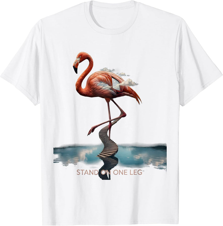 Flamingo Stand on One Leg Graphic Design T-Shirt - White