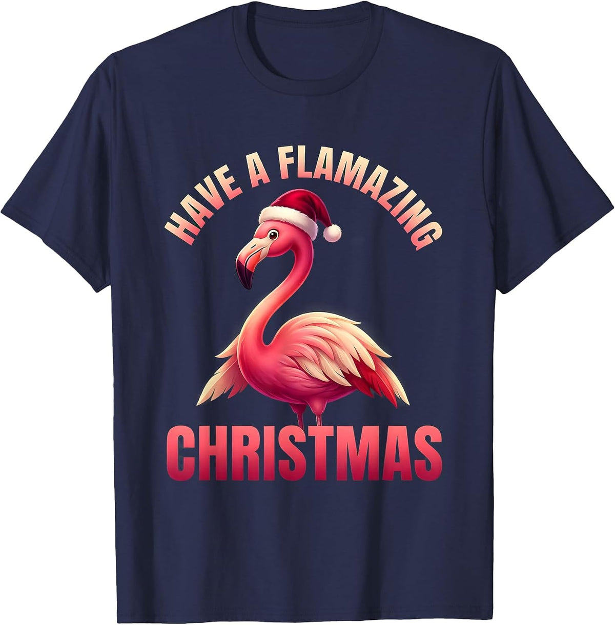 Men's Have A Flamazing Christmas Pink Flamingo Santa Hat Holiday T-Shirt - Navy Blue