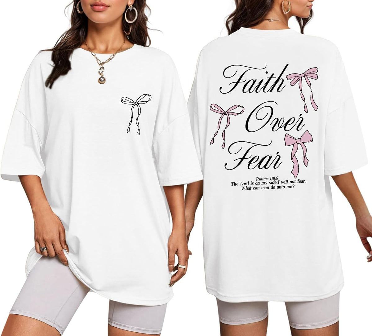 Faith Over Fear Shirt Oversized Christian Cute Bow Shirts for Women Bible Verse Religious Tshirts Coquette Tops - White