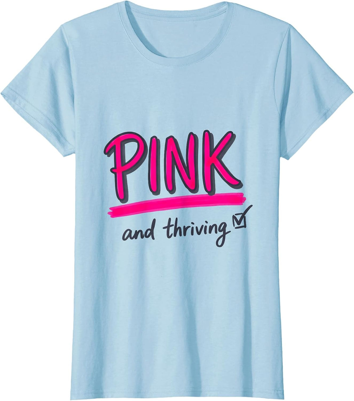 Women's Pink and Thriving Flamingo Graphic Design T-Shirt - Baby Blue