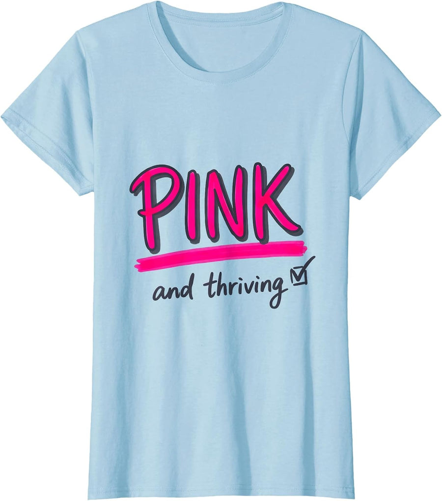 Women's Pink and Thriving Flamingo Graphic Design T-Shirt - Baby Blue