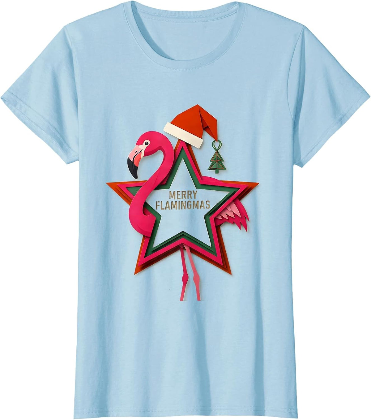 Merry Flamingmas Pink Flamingo Christmas Star Ornament T-Shirt - Baby Blue