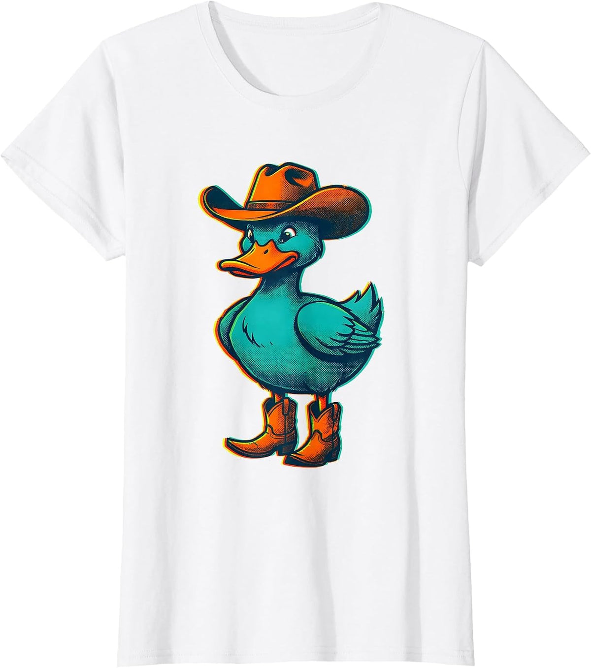 Duck in Cowboy Hat and Boots Western Illustration T-Shirt - White