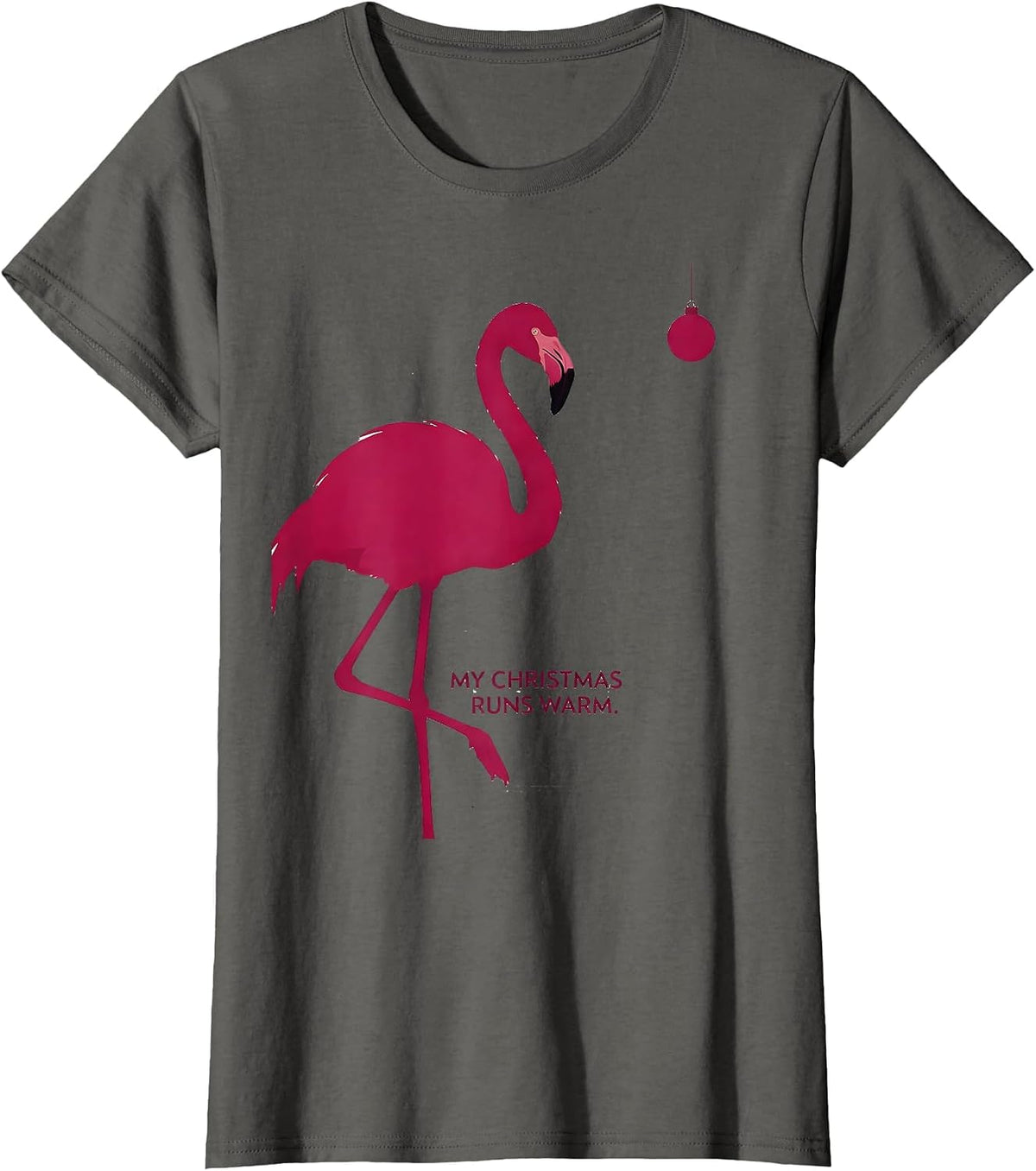 Women's My Christmas Runs Warm Funny Pink Flamingo Christmas in July T-Shirt - Asphalt Grey