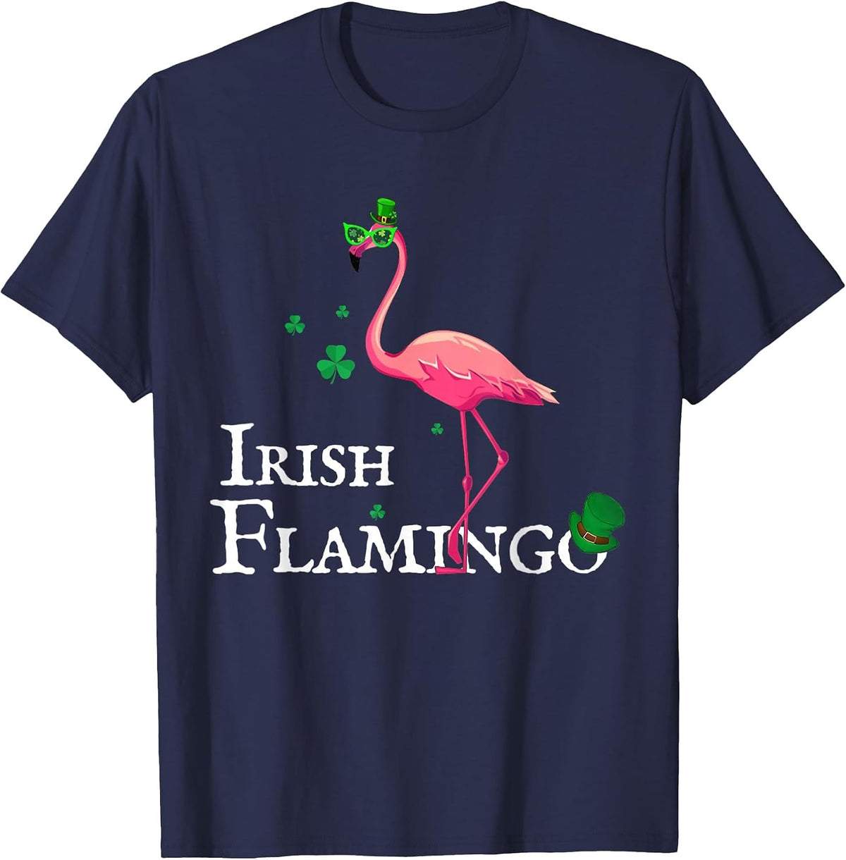 Funky Irish Pink Flamingo Green Bird St Pattys Day T-Shirt - Navy Blue