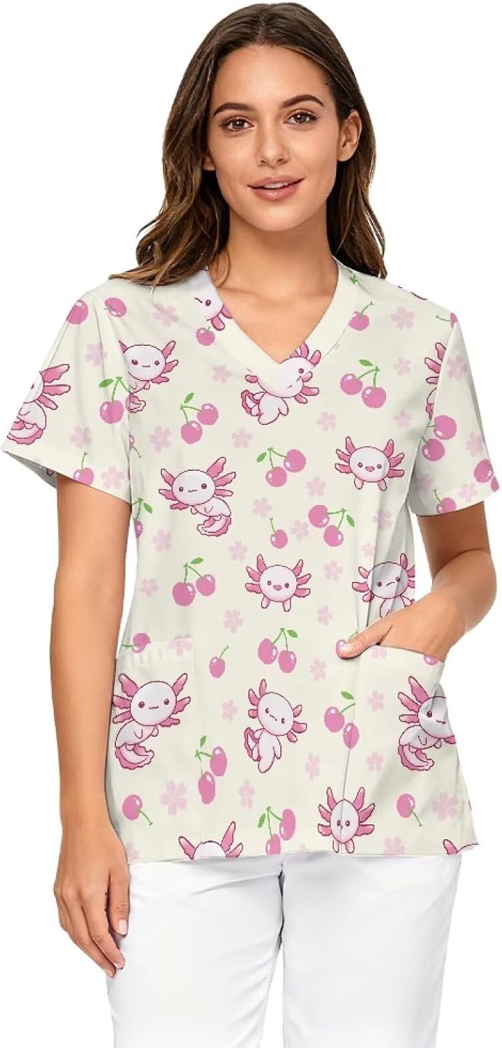 Oversized Scrubs for Women V Neck Printed Medical Scrub Tops Soft Nurse Uniform Shirts with Pockets Size S - 5XL - Cartoon