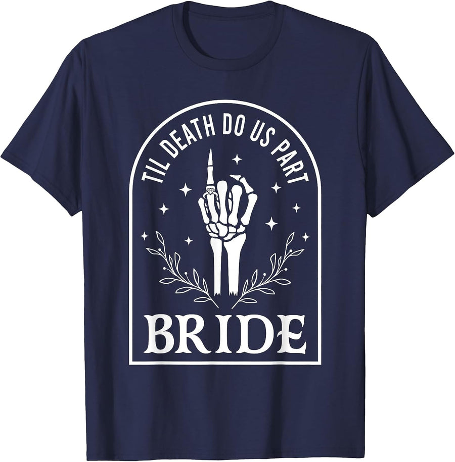 Bride Groom Til Death Do Us Part Skeleton Gothic Halloween T-Shirt - Navy Blue