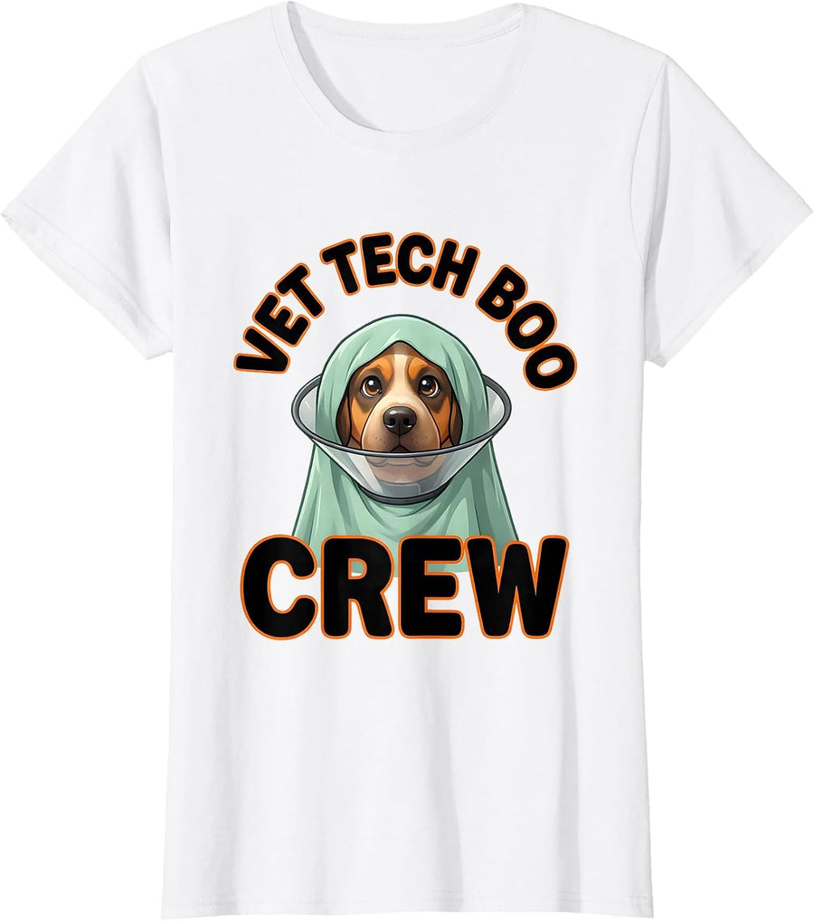 Women's Vet Tech Boo Crew Cute Kawaii Halloween Vet Tech Humor T-Shirt - White