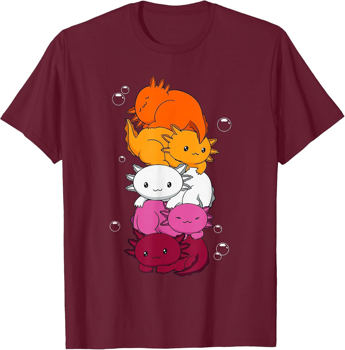 Kawaii Axolotl Pile Lesbian Pride Flag LGBTQ T-Shirt - Burgundy