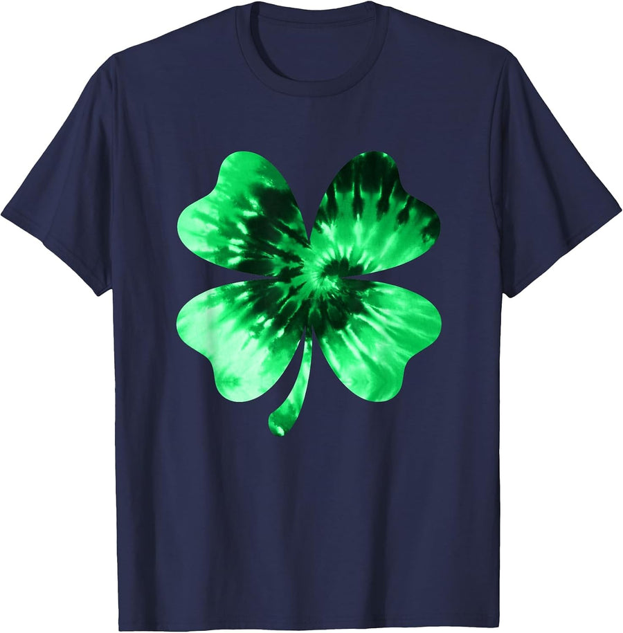 Tie Dye Shamrock Lucky Four-Leaf Clover St. Patrick's Day T-Shirt - Navy Blue