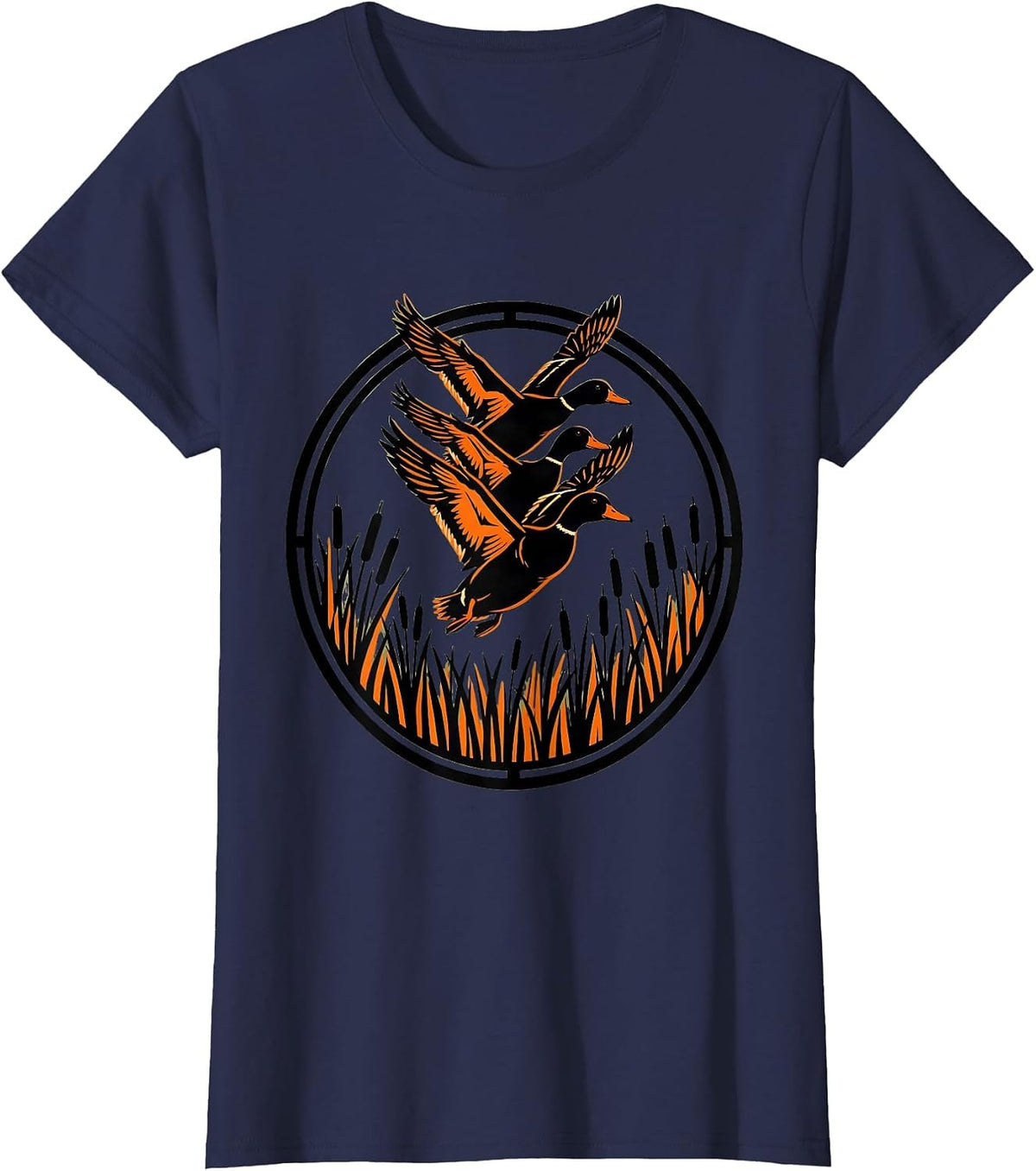 Women's Duck Camo Flock Over Misty Wetlands Illustration T-Shirt - Navy Blue