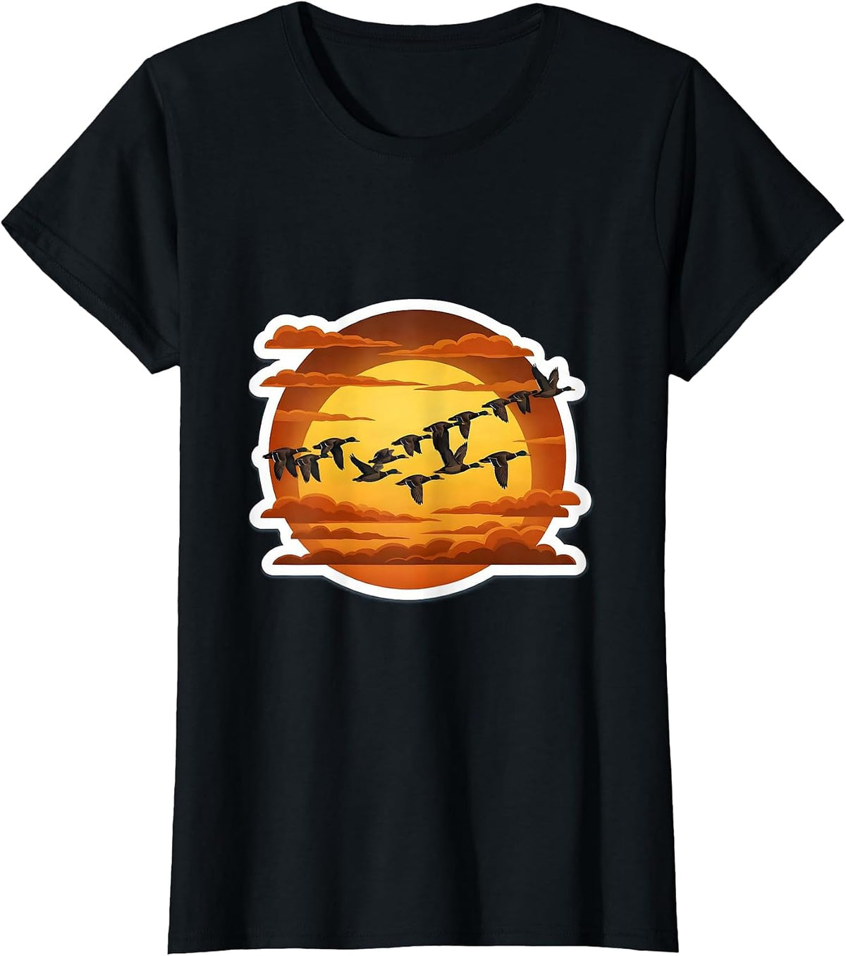 Ducks Flying in V-Formation Sunset Illustration T-Shirt - Black