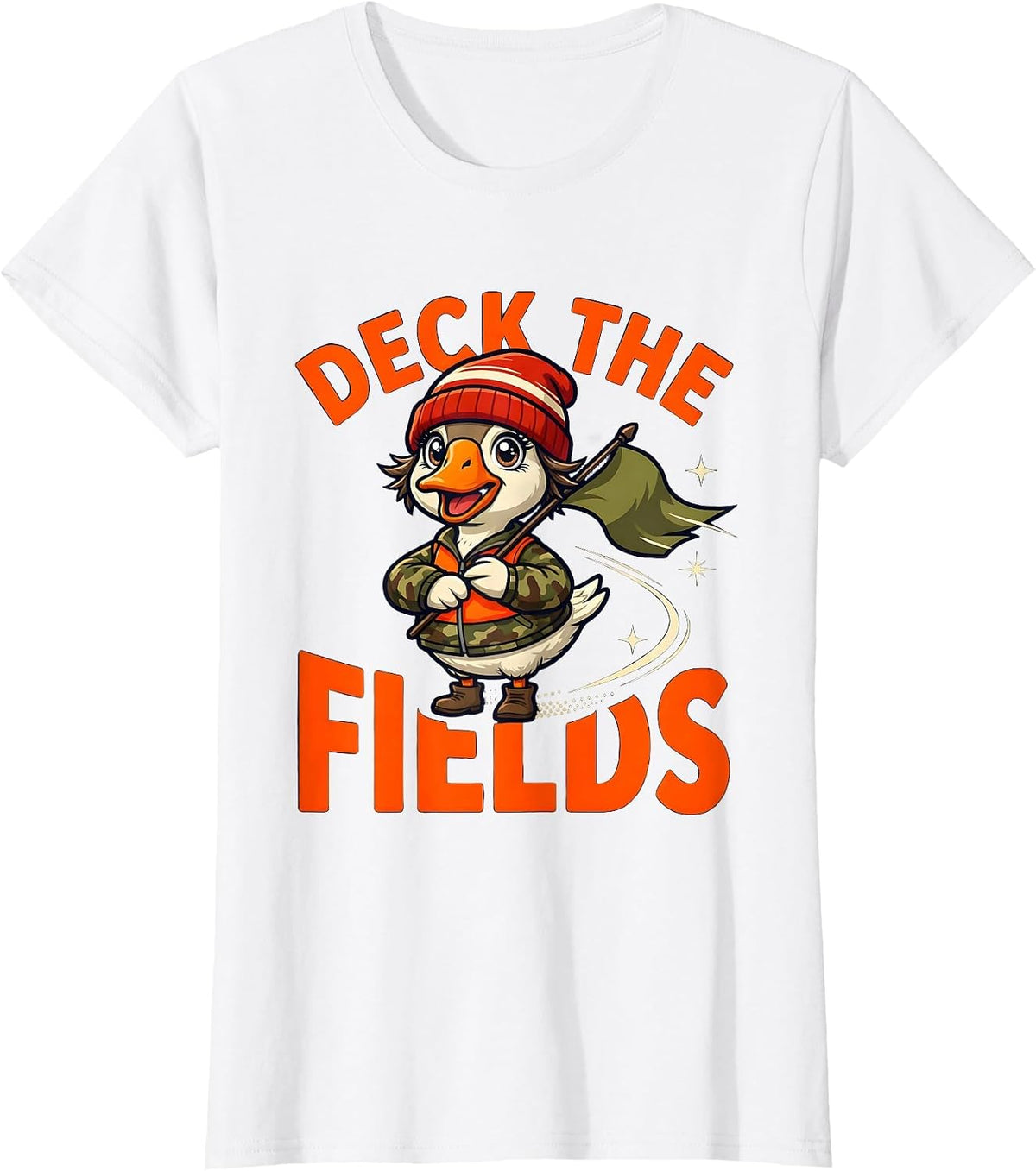 DECK THE FIELDS Funny Cartoon Goose Hunter Christmas T-Shirt - White