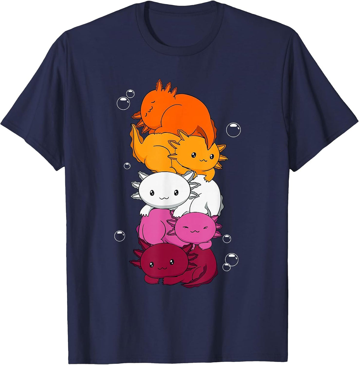 Kawaii Axolotl Pile Lesbian Pride Flag LGBTQ T-Shirt - Navy Blue