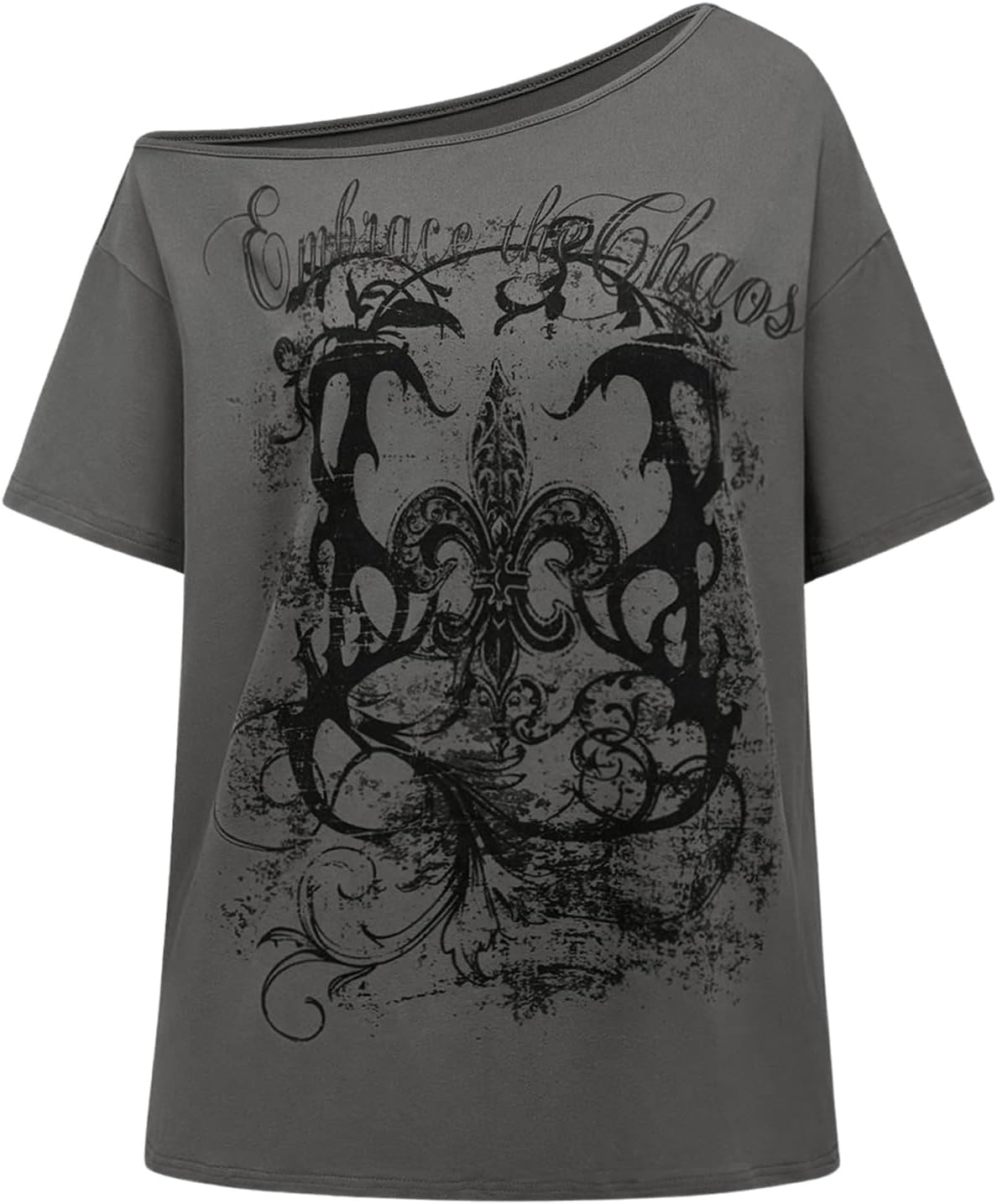 RoseSeek Women's Graphic Tees Grunge Shirts Y2K Clothes Off Shoulder Tops - Grey