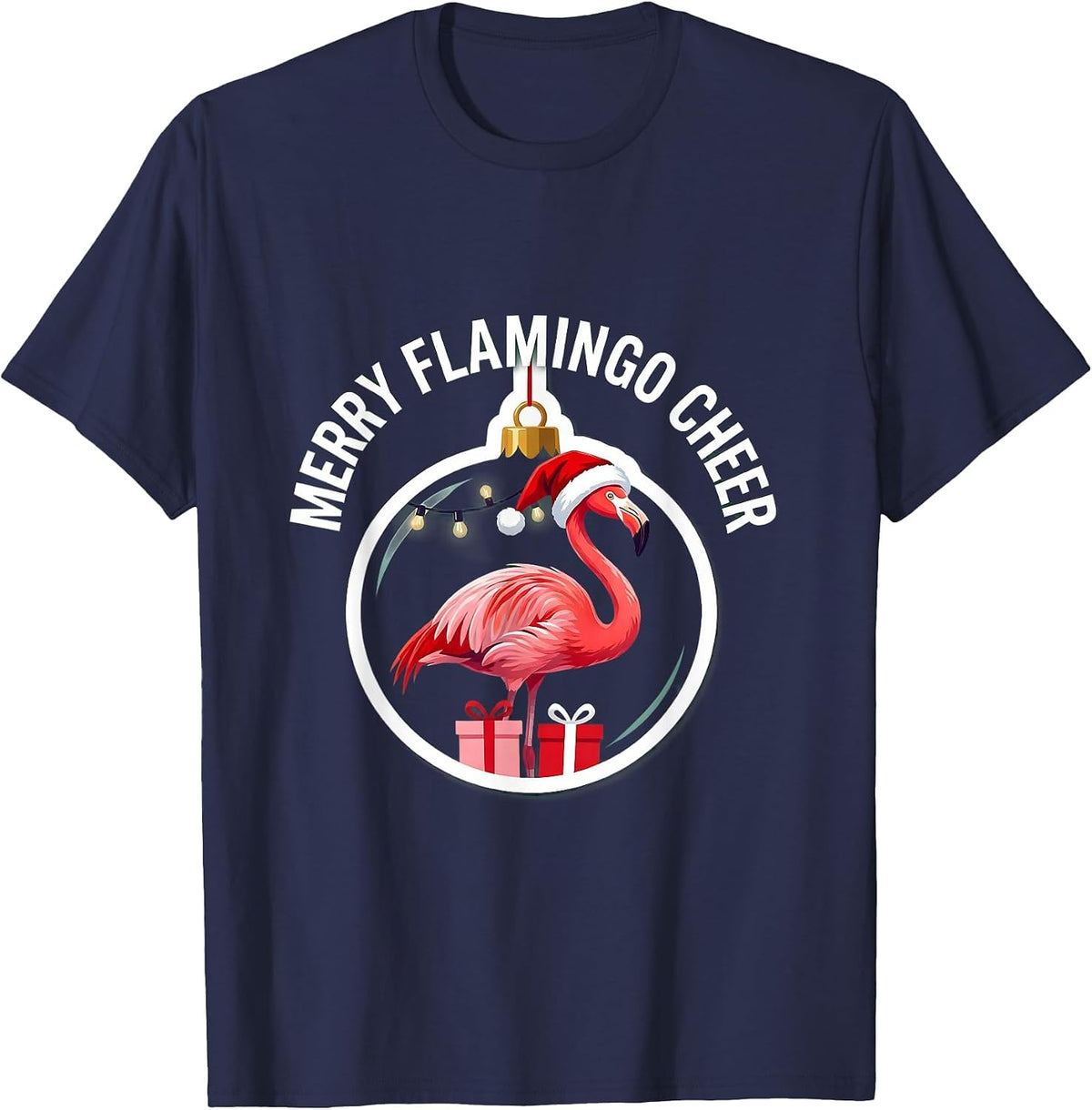 Men's Merry Flamingo Cheer Funny Flamingo Christmas in July T-Shirt - Navy Blue