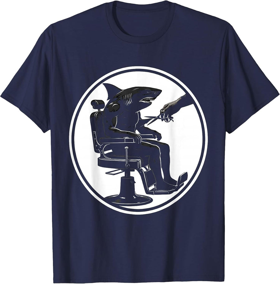 Shark Man Barber Chair Fin Trim Funny Graphic T-Shirt - Navy Blue