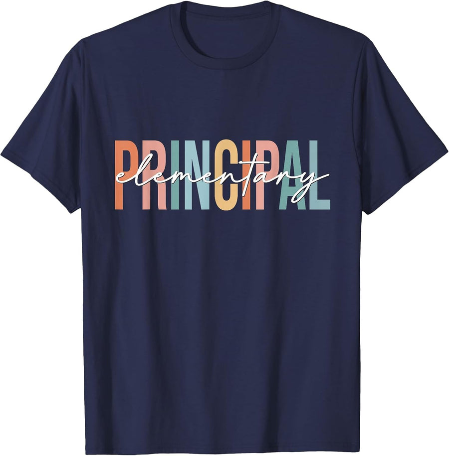 Boho Retro Vintage Elementary Principal Back to School T-Shirt - Navy Blue